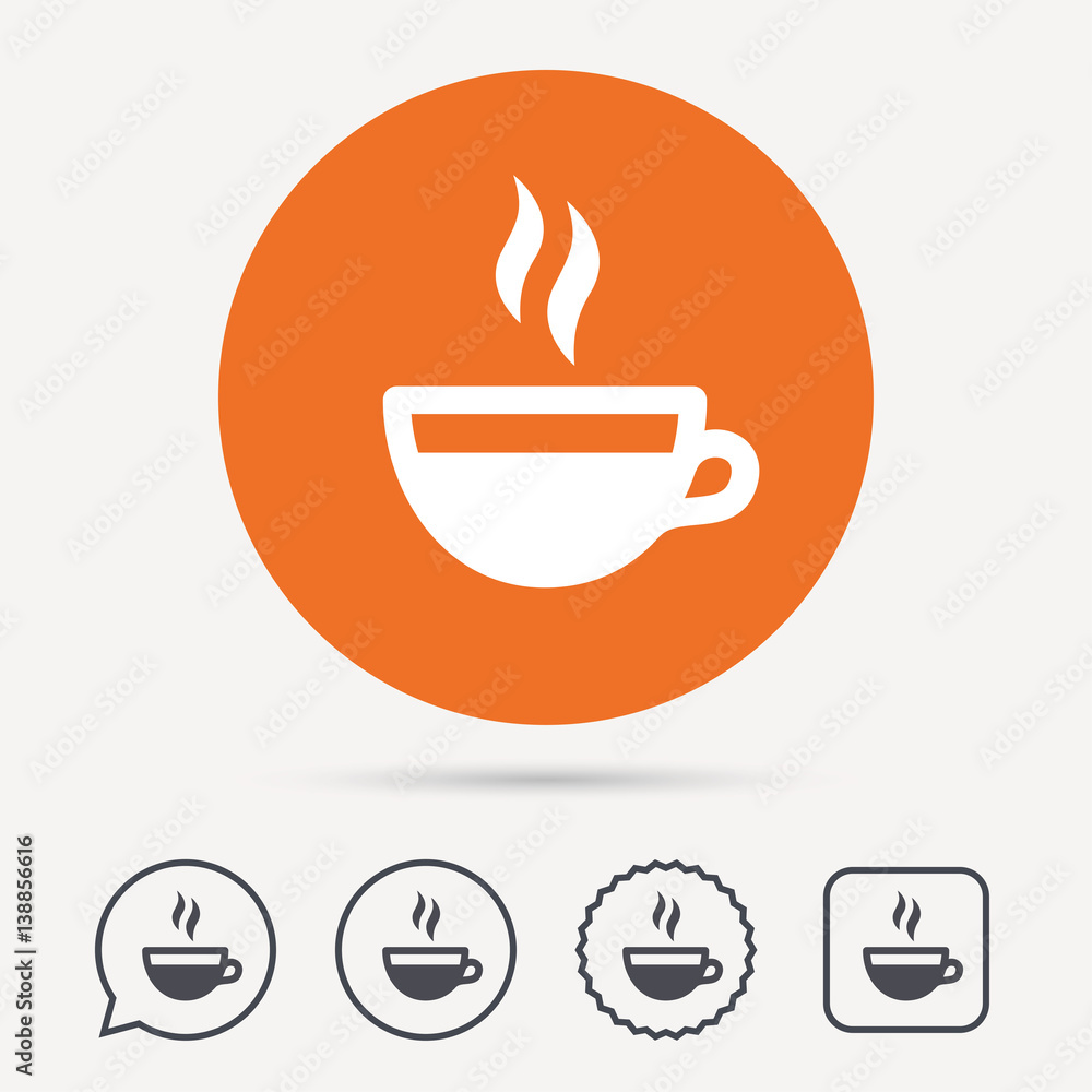 Coffee cup icon. Hot tea drink symbol. Circle, speech bubble and star buttons. Flat web icons. Vector Coffee cup icon. Hot tea drink symbol. Circle, speech bubble and star buttons. Flat web icons. Vector