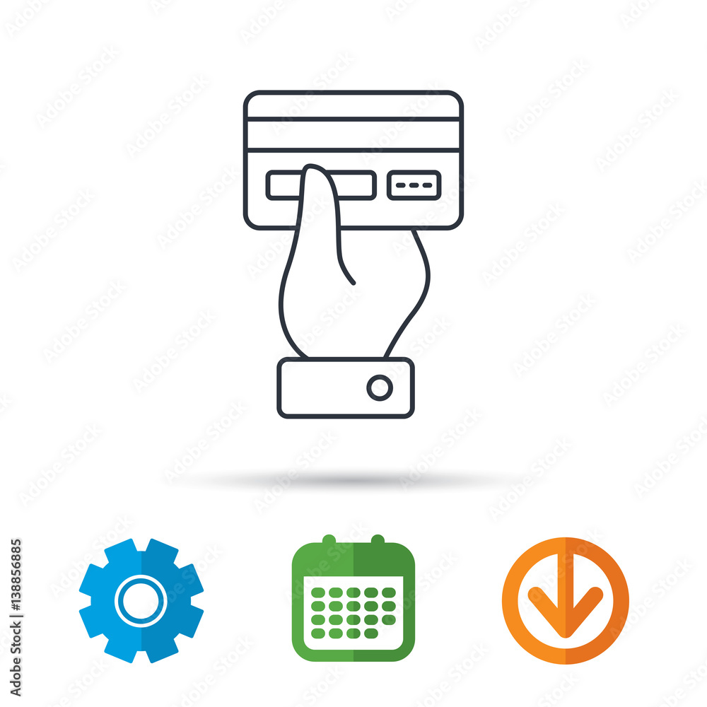 Credit card icon. Giving hand sign. Cashless paying or buying symbol. Calendar, cogwheel and download arrow signs. Colored flat web icons. Vector