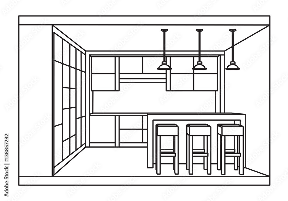 Kitchen interior plan with breakfast bar. Vector isolated. Stock Vector