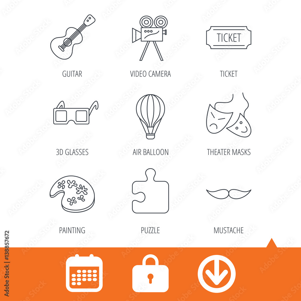 Puzzle, guitar music and theater masks icons. Ticket, video camera and 3d glasses linear signs. Entertainment, painting and mustache icons. Download arrow, locker and calendar web icons. Vector Puzzle, guitar music and theater masks icons. Ticket, video camera and 3d glasses linear signs. Entertainment, painting and mustache icons. Download arrow, locker and calendar web icons. Vector