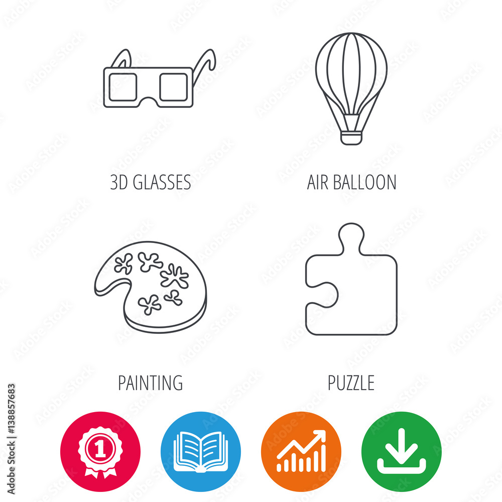 Puzzle, painting and air balloon icons. 3d glasses linear sign. Award medal, growth chart and opened book web icons. Download arrow. Vector