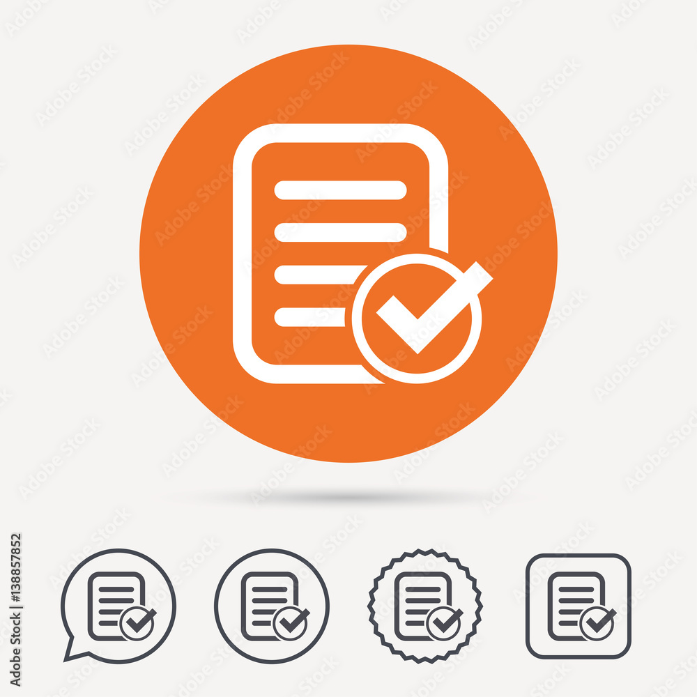 File selected icon. Document page with check symbol. Circle, speech bubble and star buttons. Flat web icons. Vector File selected icon. Document page with check symbol. Circle, speech bubble and star buttons. Flat web icons. Vector