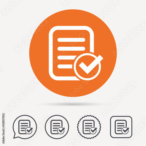 File selected icon. Document page with check symbol. Circle, speech bubble and star buttons. Flat web icons. Vector