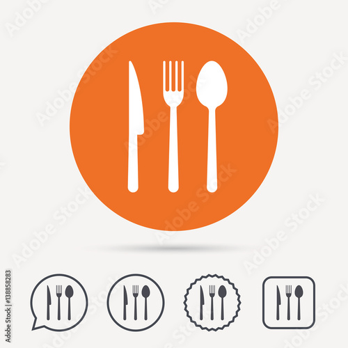 Fork, knife and spoon icons. Cutlery symbol. Circle, speech bubble and star buttons. Flat web icons. Vector