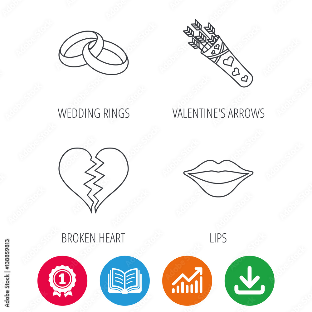 Broken heart, kiss and wedding rings icons. Valentine amour arrows linear sign. Award medal, growth chart and opened book web icons. Download arrow. Vector