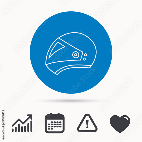 Motorcycle helmet icon. Biking sport sign. Calendar, attention sign and growth chart. Button with web icon. Vector photo