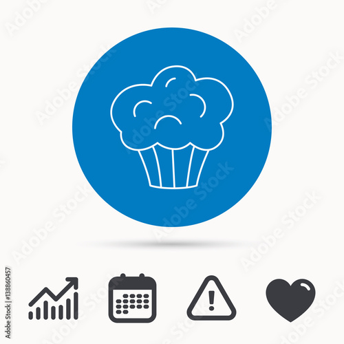 Muffin icon. Cupcake dessert sign. Bakery sweet food symbol. Calendar, attention sign and growth chart. Button with web icon. Vector