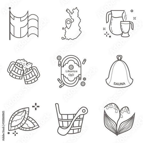 Set of lineart vector icons of Finland main symbols and signs including flag and land map.
