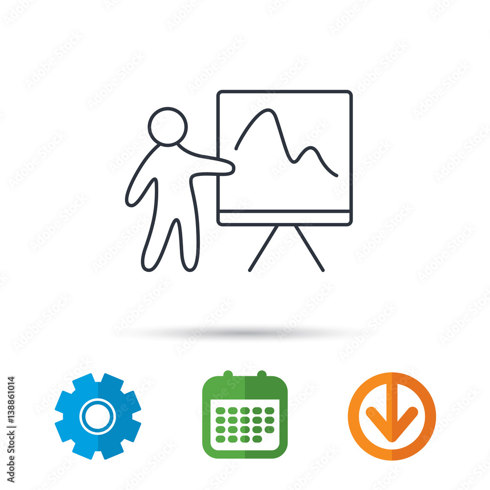 Presentation icon. Statistics chart sign. Calendar, cogwheel and download arrow signs. Colored flat web icons. Vector Presentation icon. Statistics chart sign. Calendar, cogwheel and download arrow signs. Colored flat web icons. Vector