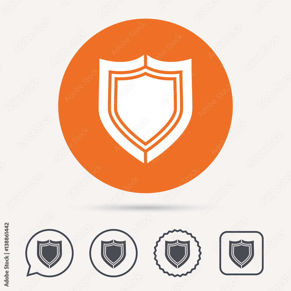 Shield protection icon. Defense equipment symbol. Circle, speech bubble and star buttons. Flat web icons. Vector Shield protection icon. Defense equipment symbol. Circle, speech bubble and star buttons. Flat web icons. Vector