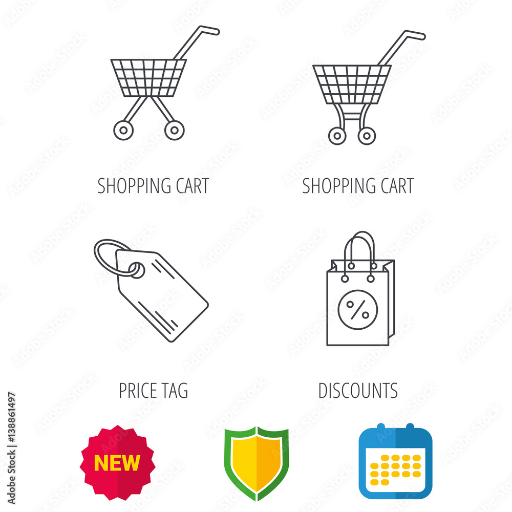 Shopping cart, discounts bag and price tag icons. Sale coupon linear sign. Shield protection, calendar and new tag web icons. Vector