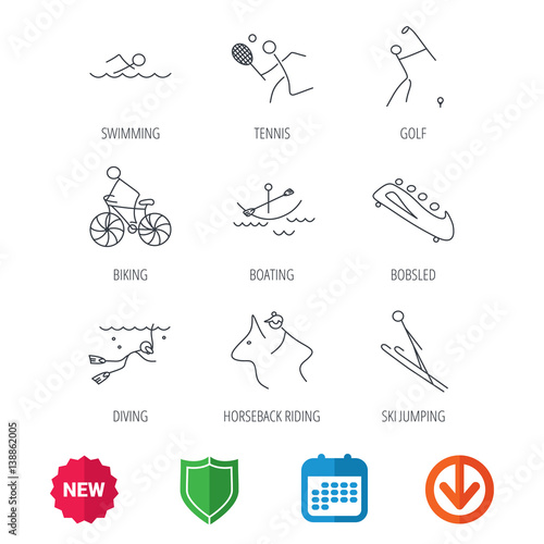 Swimming, tennis and golf icons. Biking, diving and horseback riding linear signs. Ski jumping, boating and bobsleigh icons. New tag, shield and calendar web icons. Download arrow. Vector