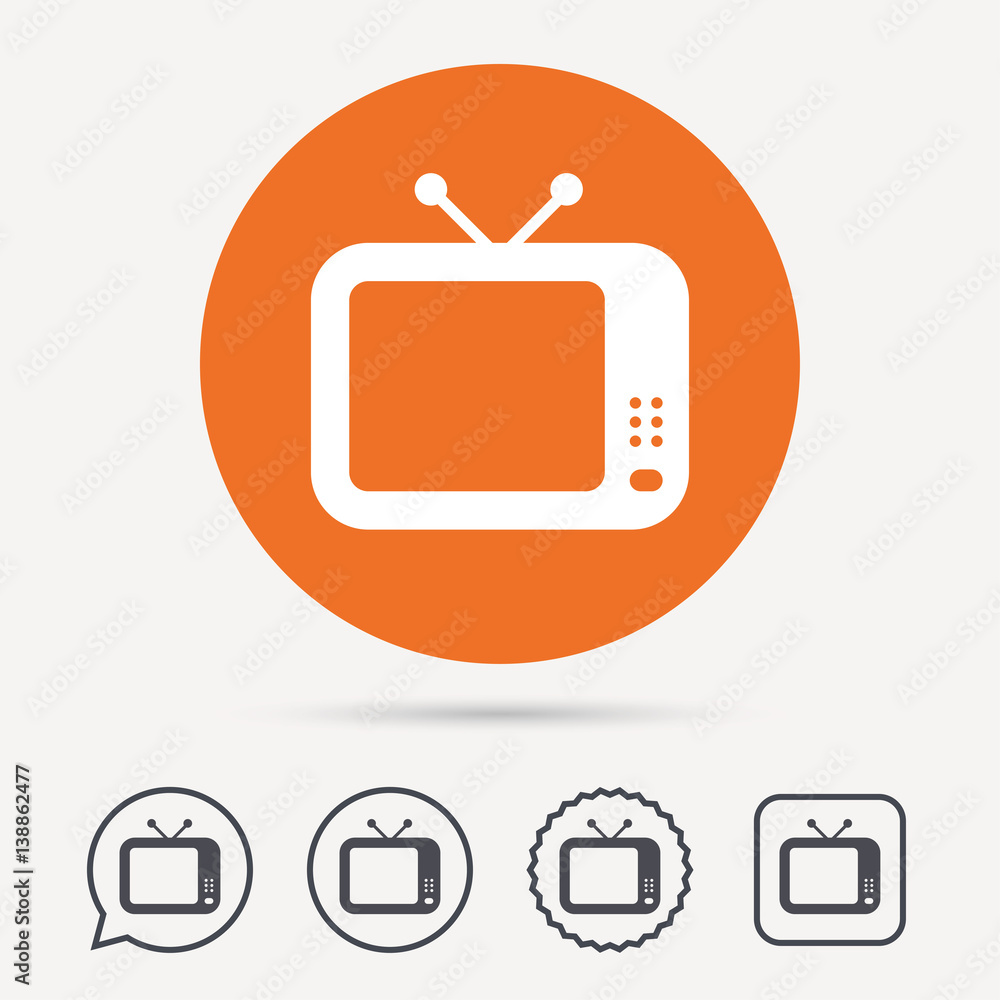 TV icon. Retro television symbol. Circle, speech bubble and star buttons. Flat web icons. Vector TV icon. Retro television symbol. Circle, speech bubble and star buttons. Flat web icons. Vector