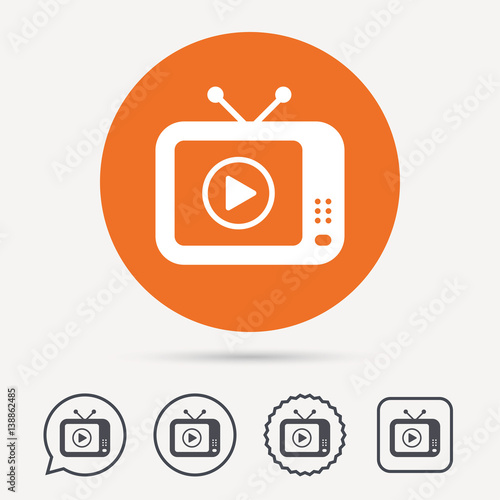 TV icon. Retro television symbol. Circle, speech bubble and star buttons. Flat web icons. Vector