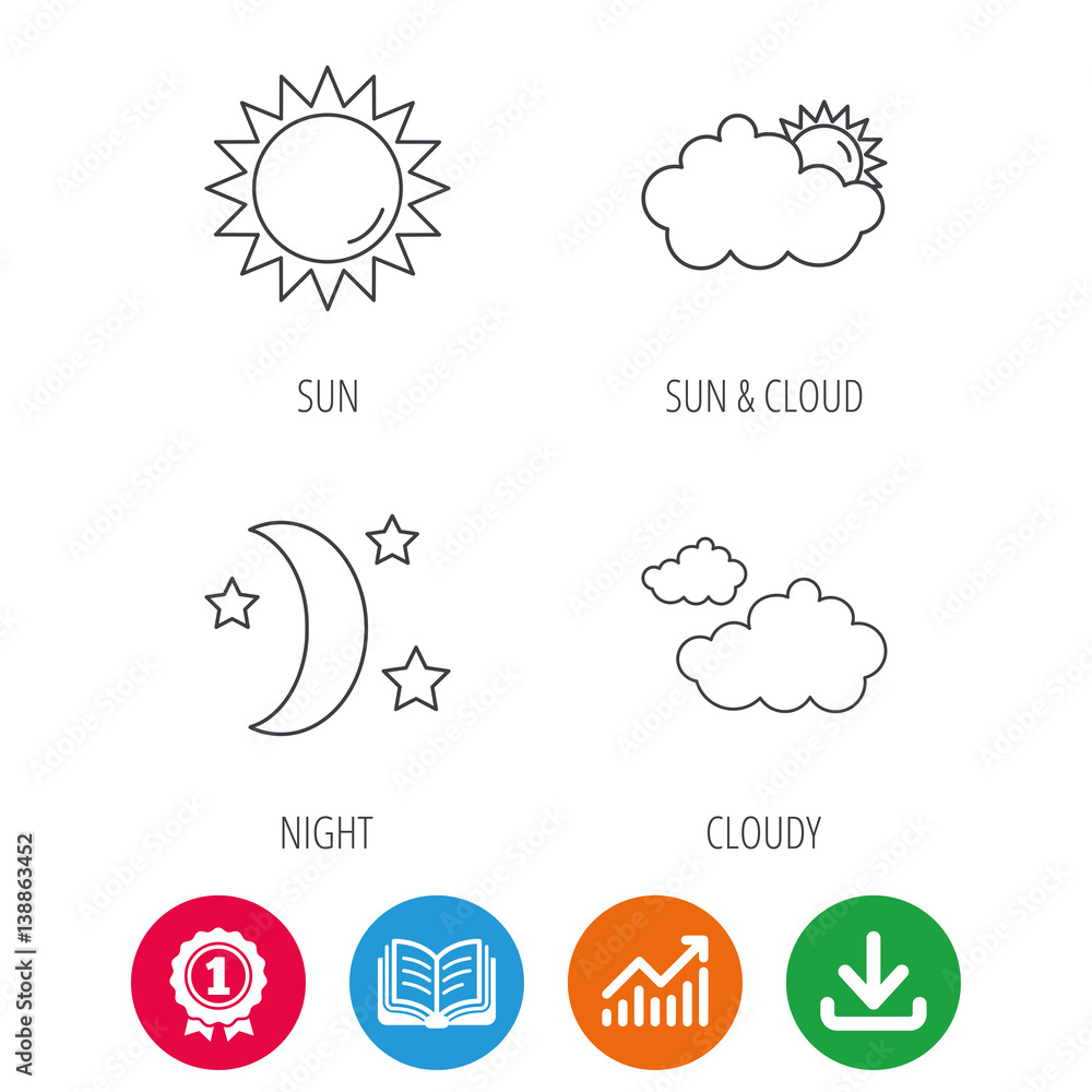 Weather, sun and cloudy icons. Moon night linear sign. Award medal, growth chart and opened book web icons. Download arrow. Vector Weather, sun and cloudy icons. Moon night linear sign. Award medal, growth chart and opened book web icons. Download arrow. Vector
