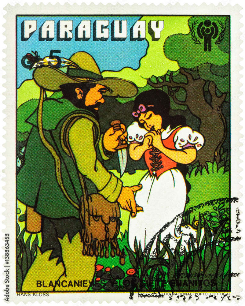 Snow White and Hunter - scene from a fairy tale by brothers Grimm on postage stamp
