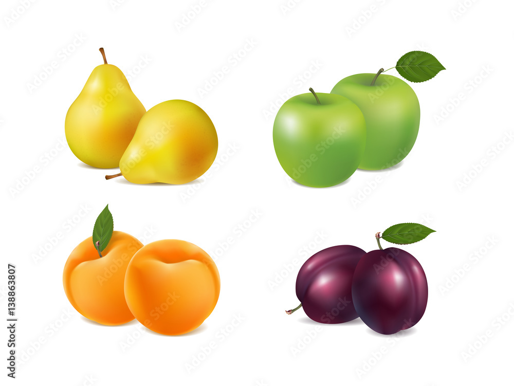 set fresh fruits on white background set fresh fruits on white background