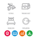 Fertilization, double bed and octopus icons. Treasure chest linear signs. Award medal, growth chart and opened book web icons. Download arrow. Vector
