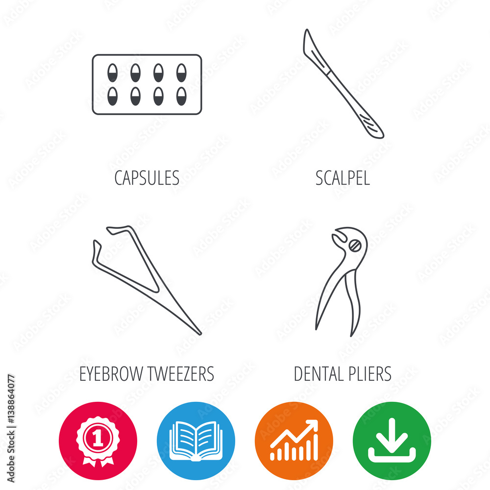 Scalpel, capsules and dental pliers icons. Eyebrow tweezers linear sign. Award medal, growth chart and opened book web icons. Download arrow. Vector Scalpel, capsules and dental pliers icons. Eyebrow tweezers linear sign. Award medal, growth chart and opened book web icons. Download arrow. Vector