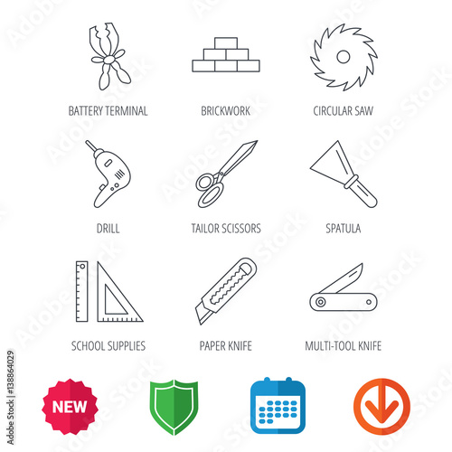 Paper knife, spatula and scissors icons. Circular saw, brickwork and drill tool linear signs. Multi-tool knife, rulers icons. New tag, shield and calendar web icons. Download arrow. Vector