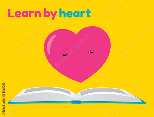 Vector cartoon illustration of a heart character reading a book. Text "Learn by heart". Horizontal format. Bright colors.