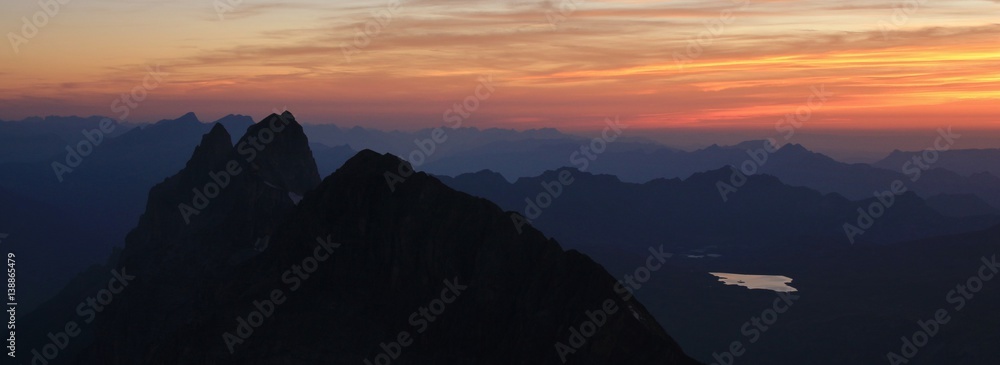Colorful sunset in the Swiss Alps, view from mount Titlis.