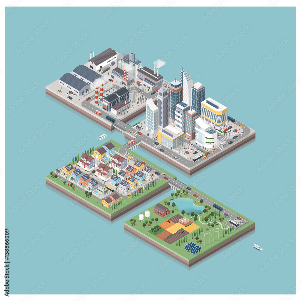 Vector isometric city isles with people and vehicles Vector isometric city isles with people and vehicles