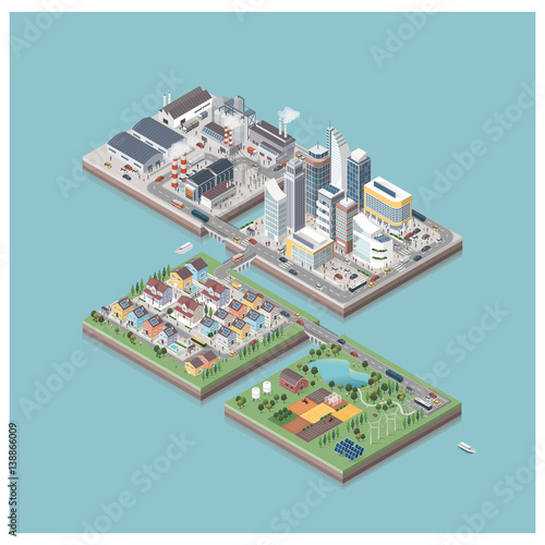 Vector isometric city isles with people and vehicles