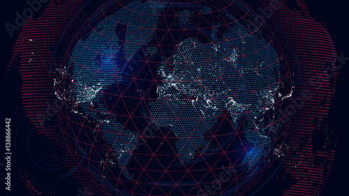 World map of the global communications network, futuristic abstract background