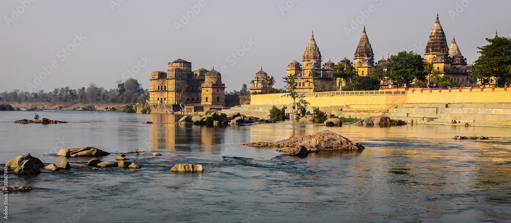 View of cenotaphs and Betwa River in Orchha, Madhya Pradesh, India