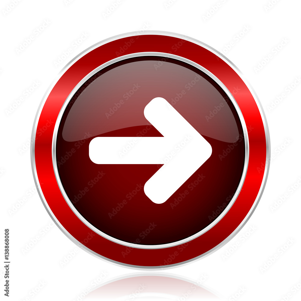 Right arrow red round glossy vector web icon. Circle modern design chrome metal border abstract sign for smartphone applications Right arrow red round glossy vector web icon. Circle modern design chrome metal border abstract sign for smartphone applications