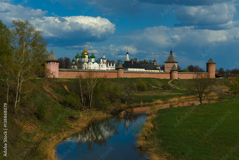 The panorama of the ancient Spaso-evfimiev monastery on the high bank of the river in Suzdal