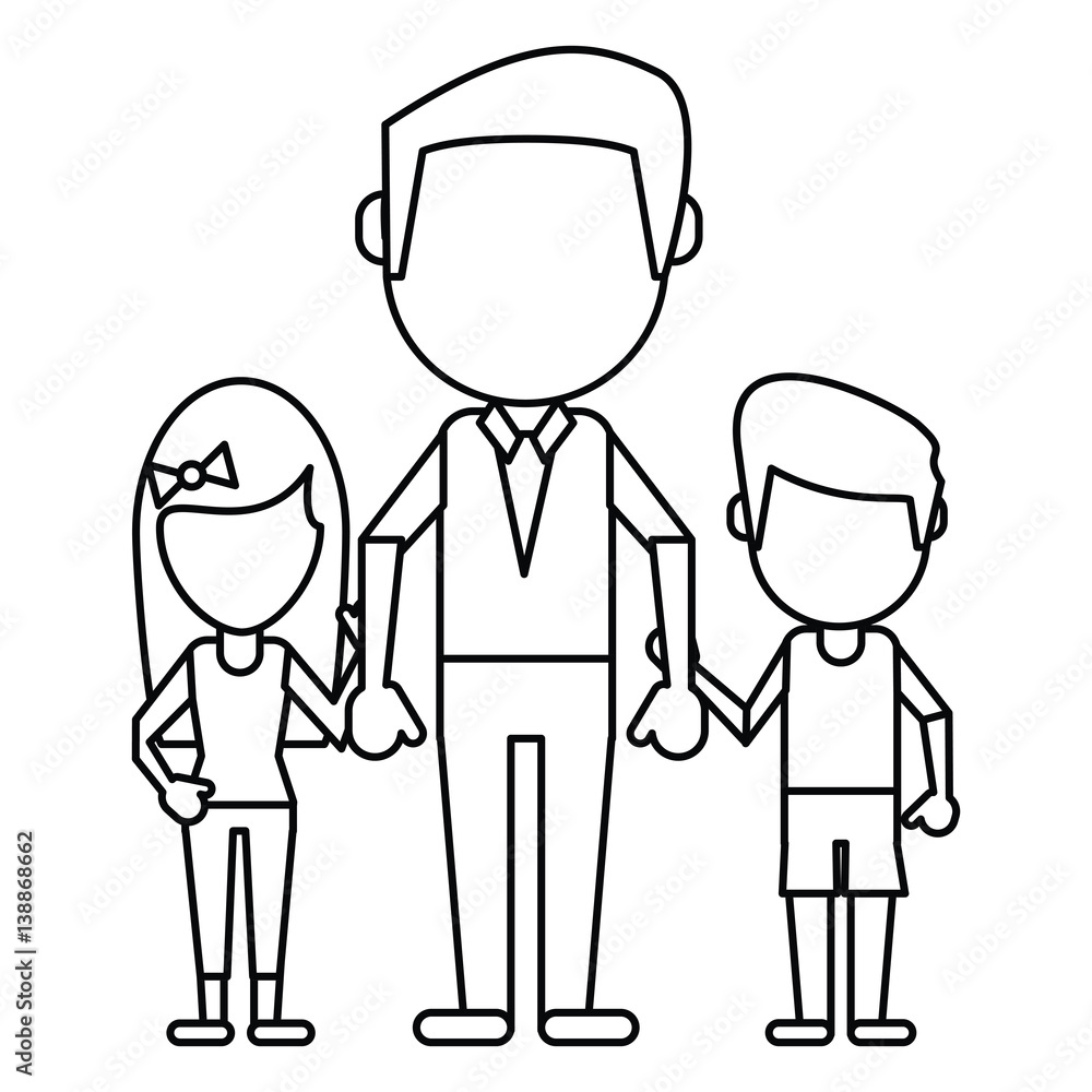 dad with daughter son holding hands thin line vector illustration eps 10