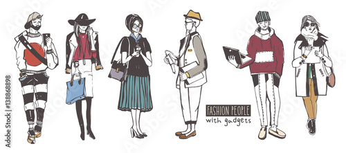 Set of stylish people with gadgets at street, sketch fashion collection. Vector illustration