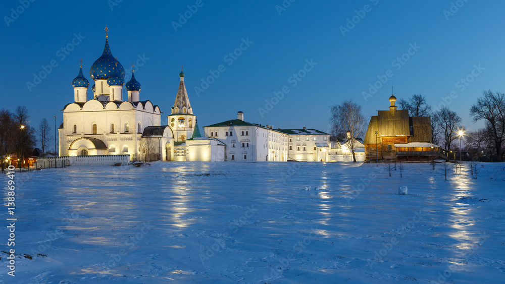 Suzdal, Russia. Panorama of the Suzdal Kremlin in winter evening.