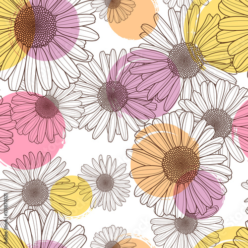 Vector seamless pattern with beautiful chamomile flower and colorful watercol...