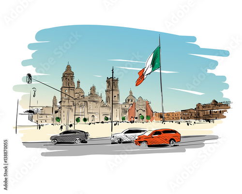 Mexico. Constitution Square.Cathedral of the Assumption of Mar. Hand drawn vector illustration.