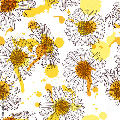 Vector seamless pattern with beautiful chamomile flower and watercolor stains. Hand drawn sketch floral illustration. Spring design for fabric, textile print, wrapping paper or web backgrounds.