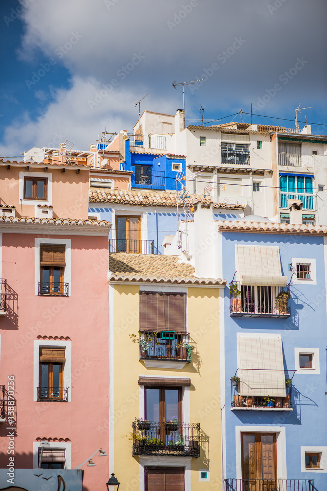 Traditional colorful facades in Villajoyosa in Spain