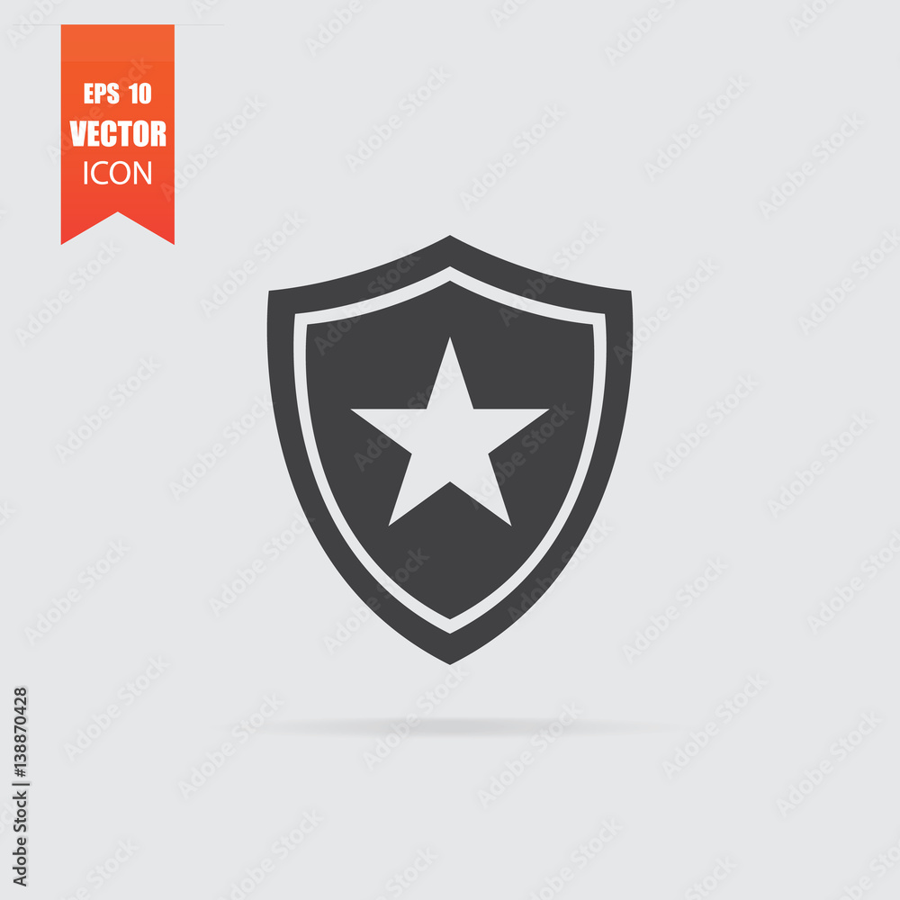 Shield with star icon in flat style isolated on grey background. Shield with star icon in flat style isolated on grey background.