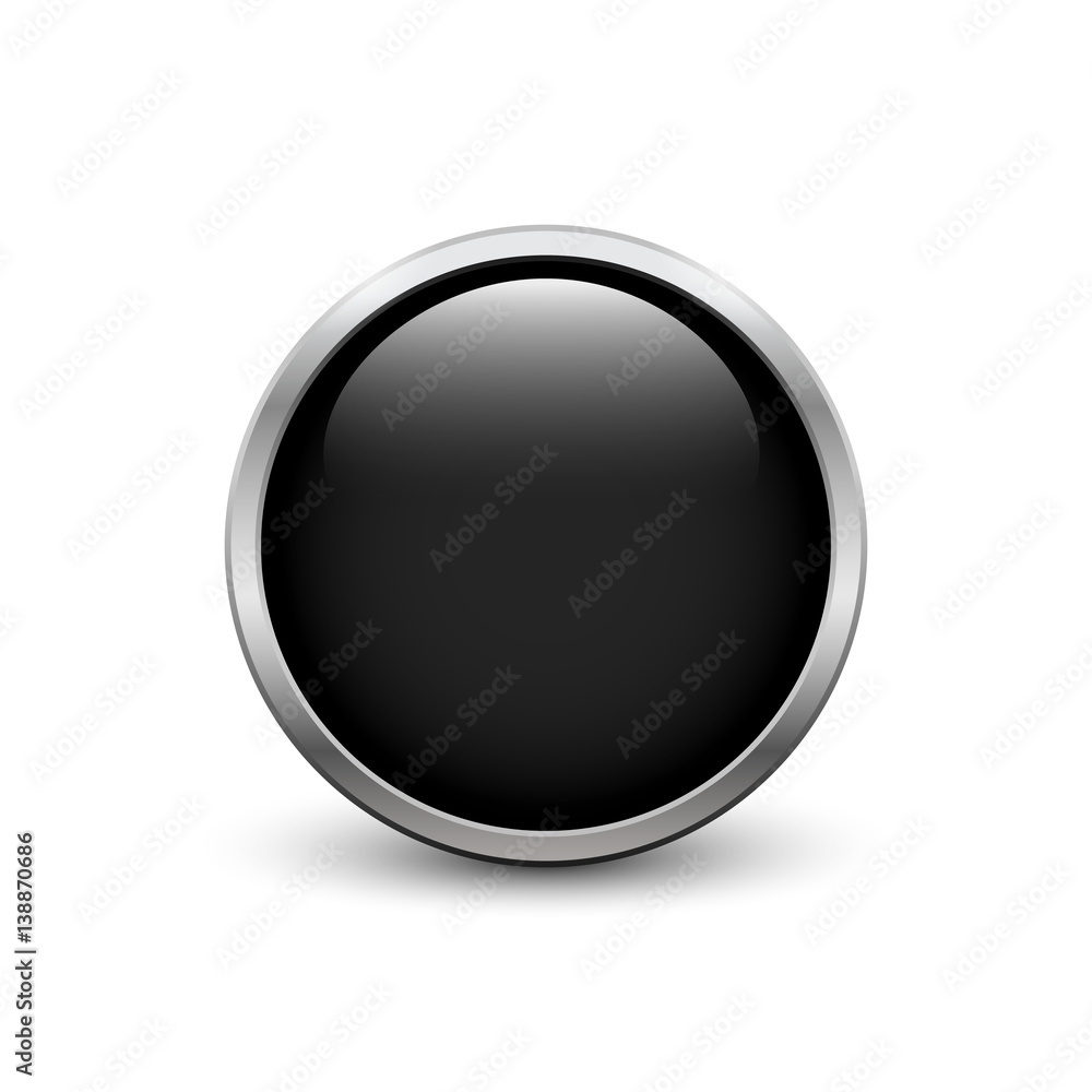 Black button with metal frame and shadow Black button with metal frame and shadow