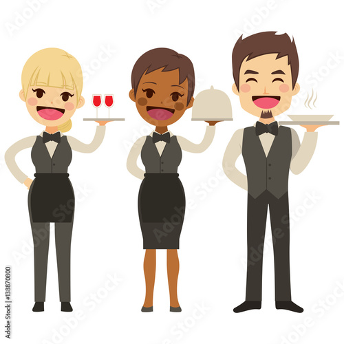 Restaurant small team group of female and male waiter with tray