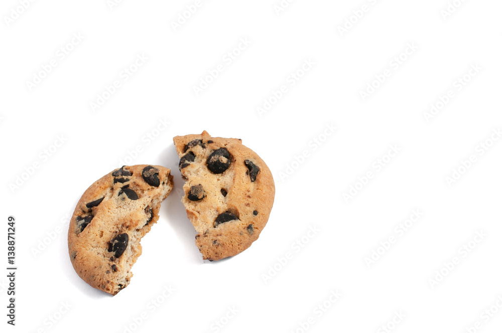 cookies with chocolate broken on a white background cookies with chocolate broken on a white background