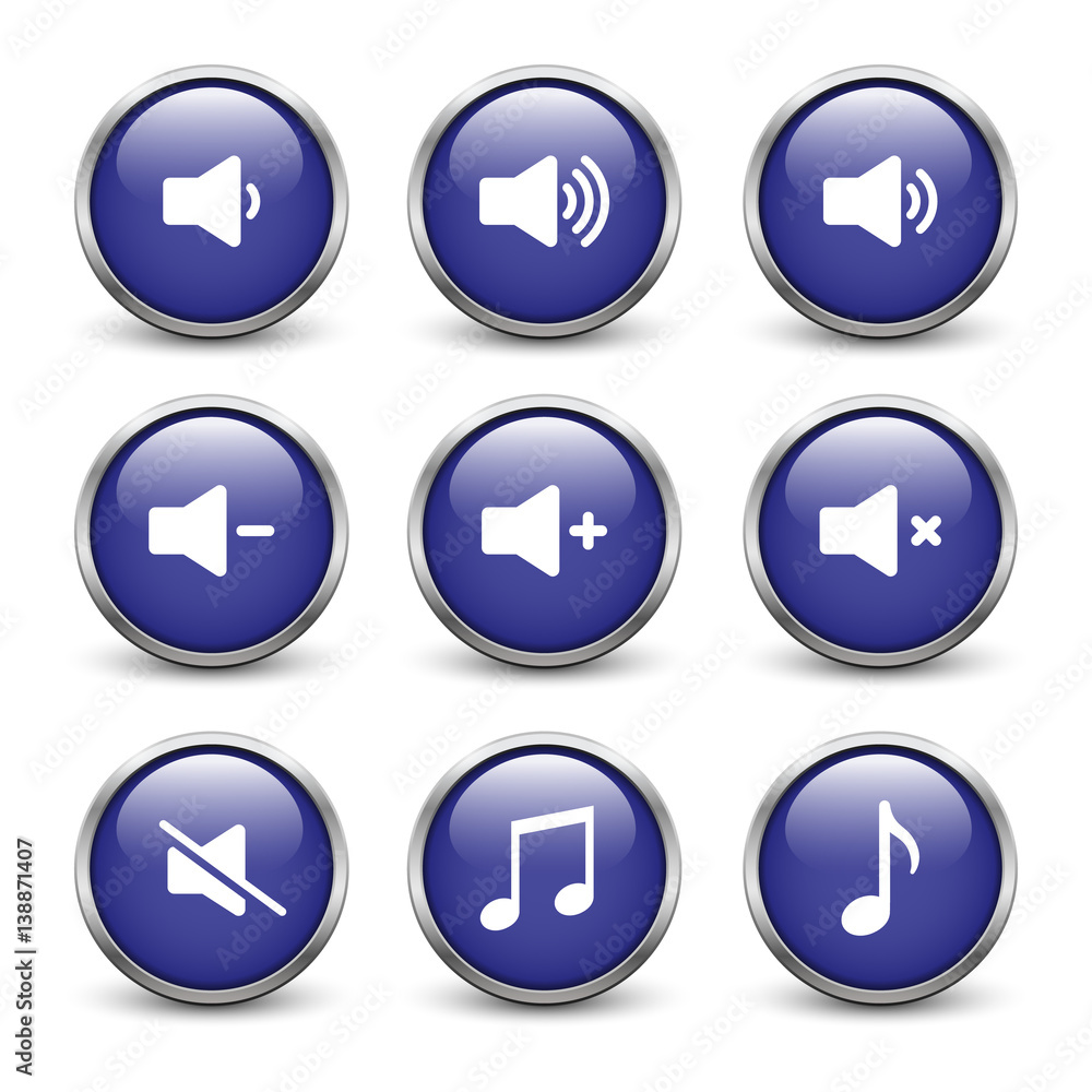 Set of blue sound buttons with metal frame and shadow Set of blue sound buttons with metal frame and shadow