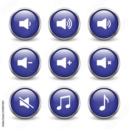 Set of blue sound buttons with metal frame and shadow