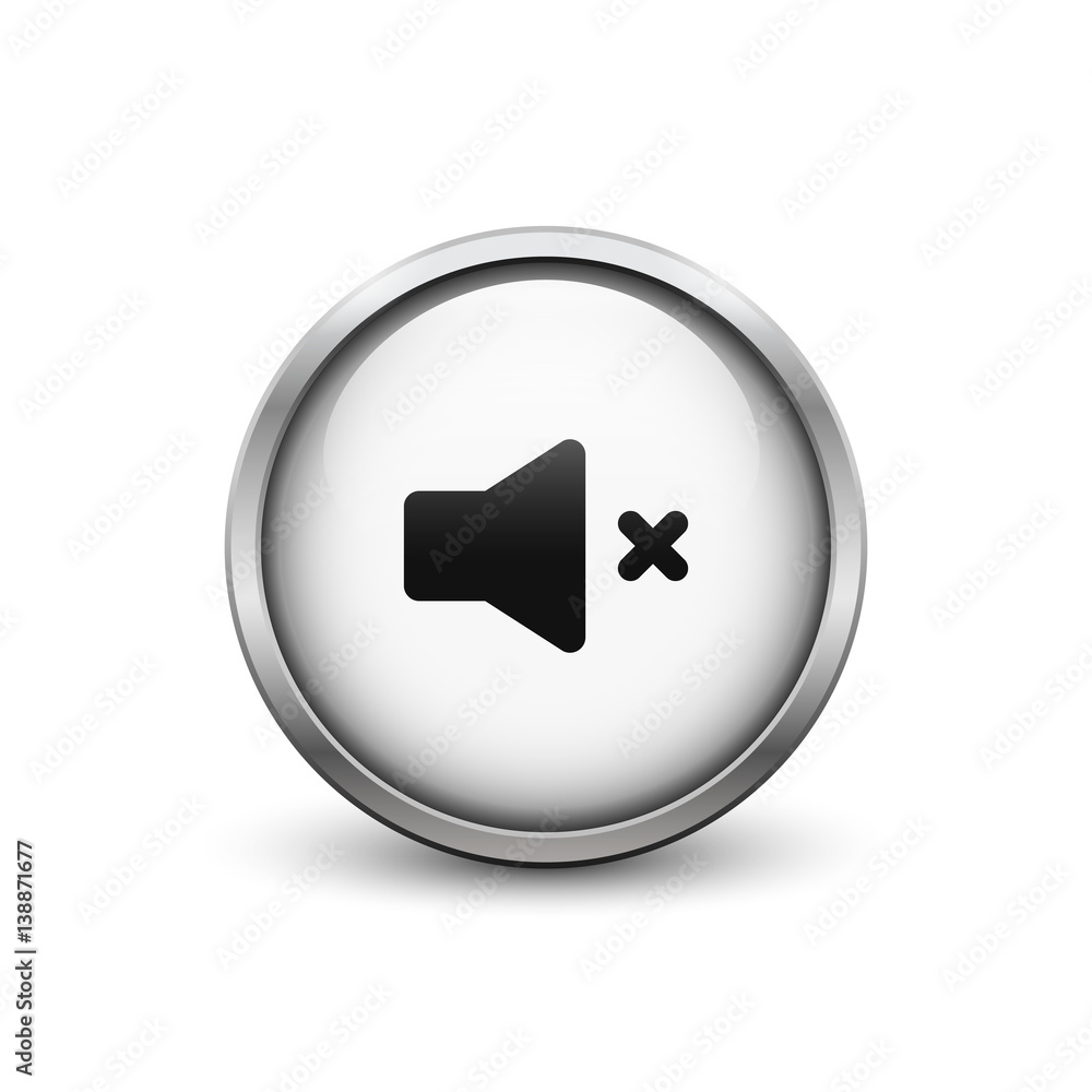 Mute white button with metal frame and shadow Mute white button with metal frame and shadow
