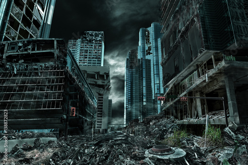 Fototapeta Cinematic Portrayal of Destroyed and Deserted City