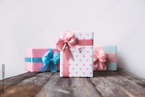 Stylish handmade gift box with pink bow. Copy space.
