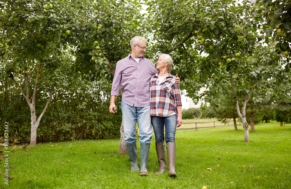 happy senior couple hugging at summer garden