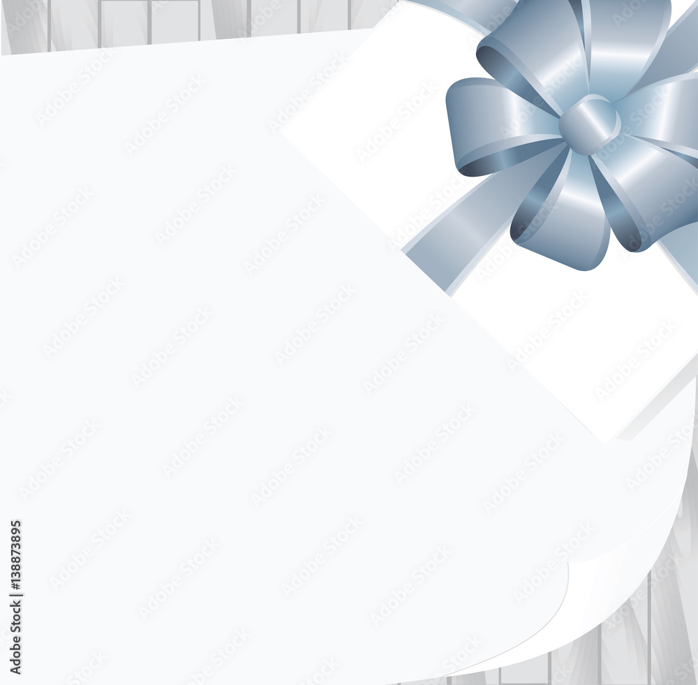 Wooden Plank Background with White sheet of paper and Square Gift Box with Blue Bow. Has place for your text. Vector image. Wooden Plank Background with White sheet of paper and Square Gift Box with Blue Bow. Has place for your text. Vector image.